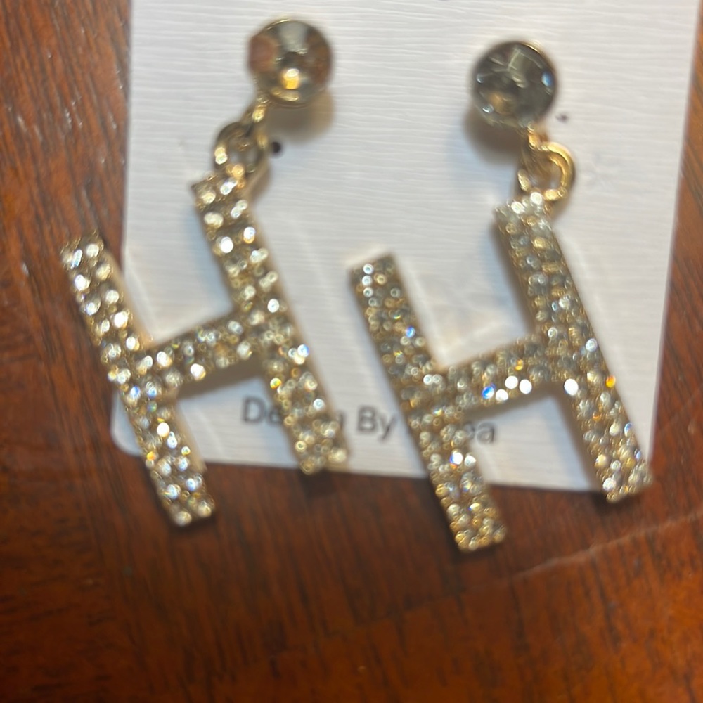 Rhinestone H gold pierced earrings. Gold plated. Initial H.